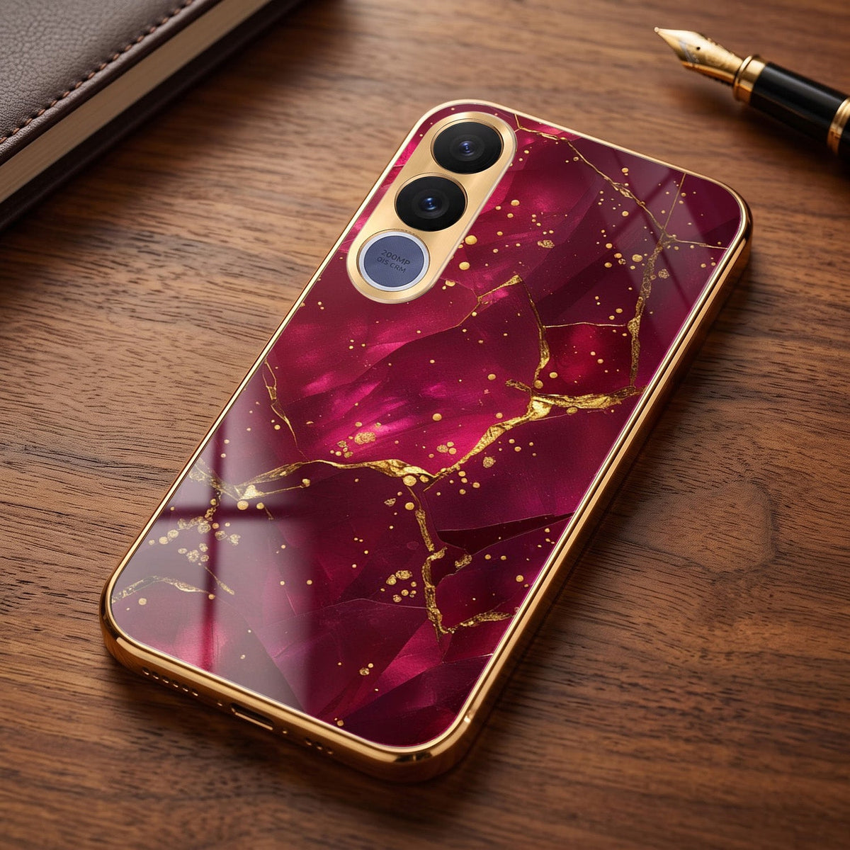Vivo V70 FE 5G Luxury Crimson Marble Gold Electroplated Glass Phone Back Case