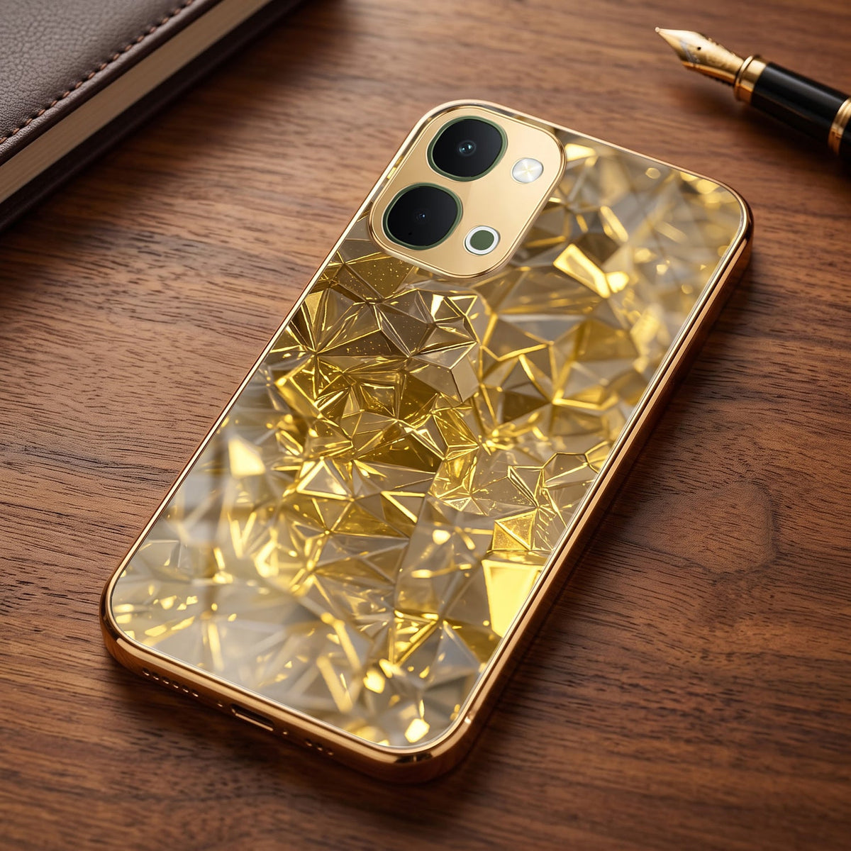 Vivo T5x 5G Golden Diamond Shatter Gold Electroplated Glass Phone Back Case