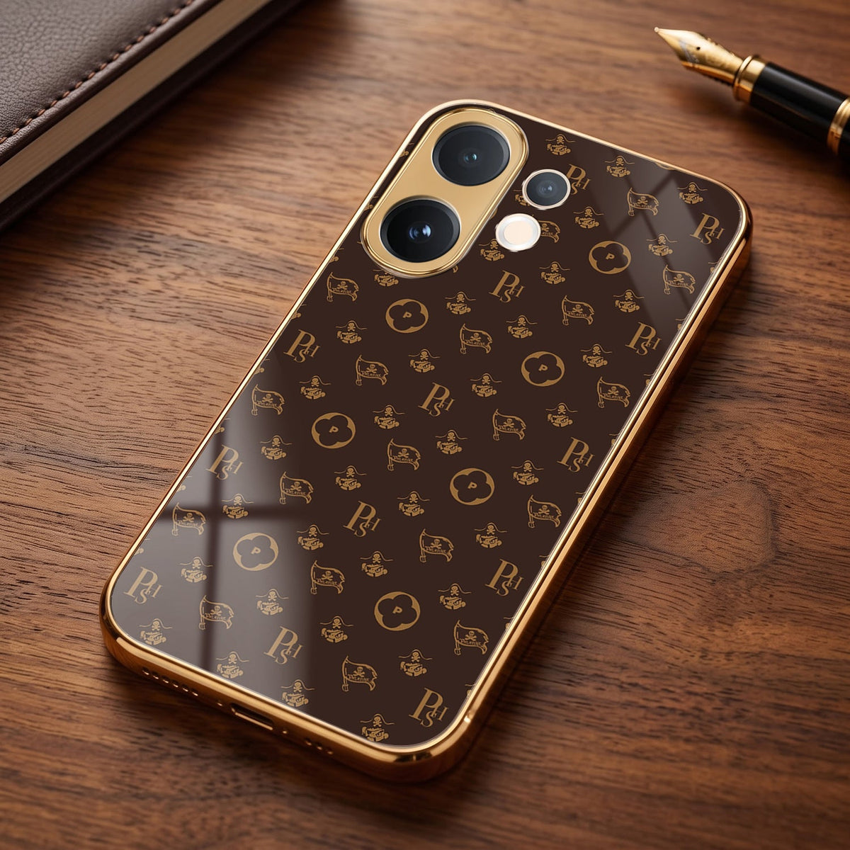 Vivo V60 5G Luxury Monogram Brown Gold Electroplated Glass Phone Back Case