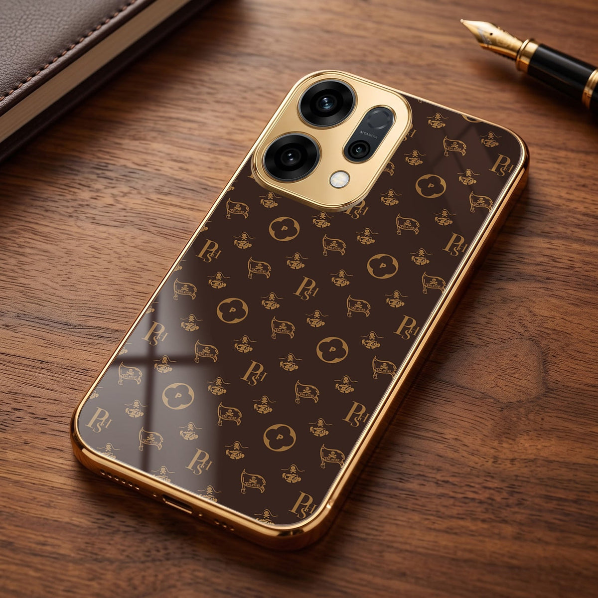 Oppo Reno 14 5G Luxury Monogram Brown Gold Electroplated Glass Phone Back Case