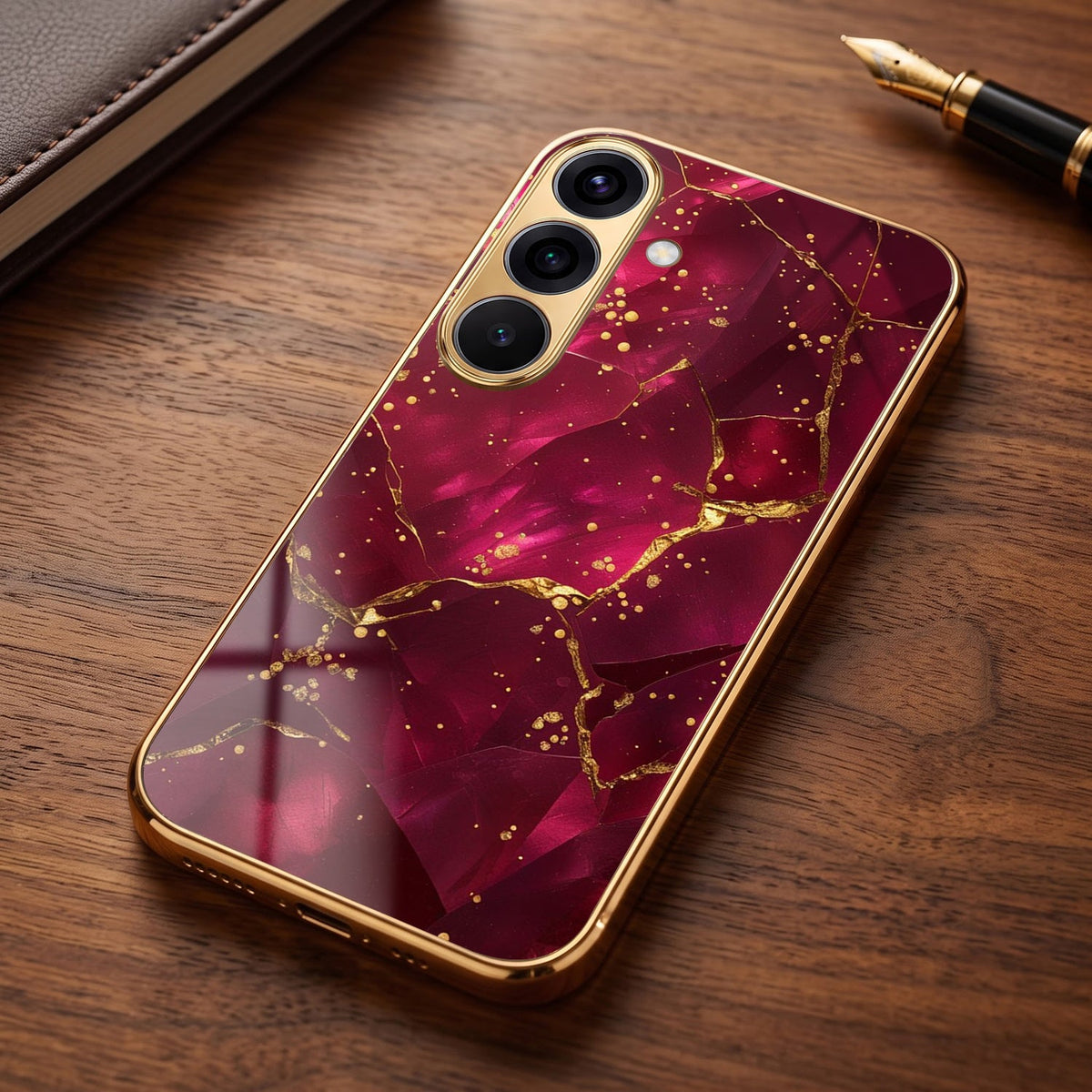 Samsung Galaxy A56 5G Luxury Crimson Marble Gold Electroplated Glass Phone Back Case