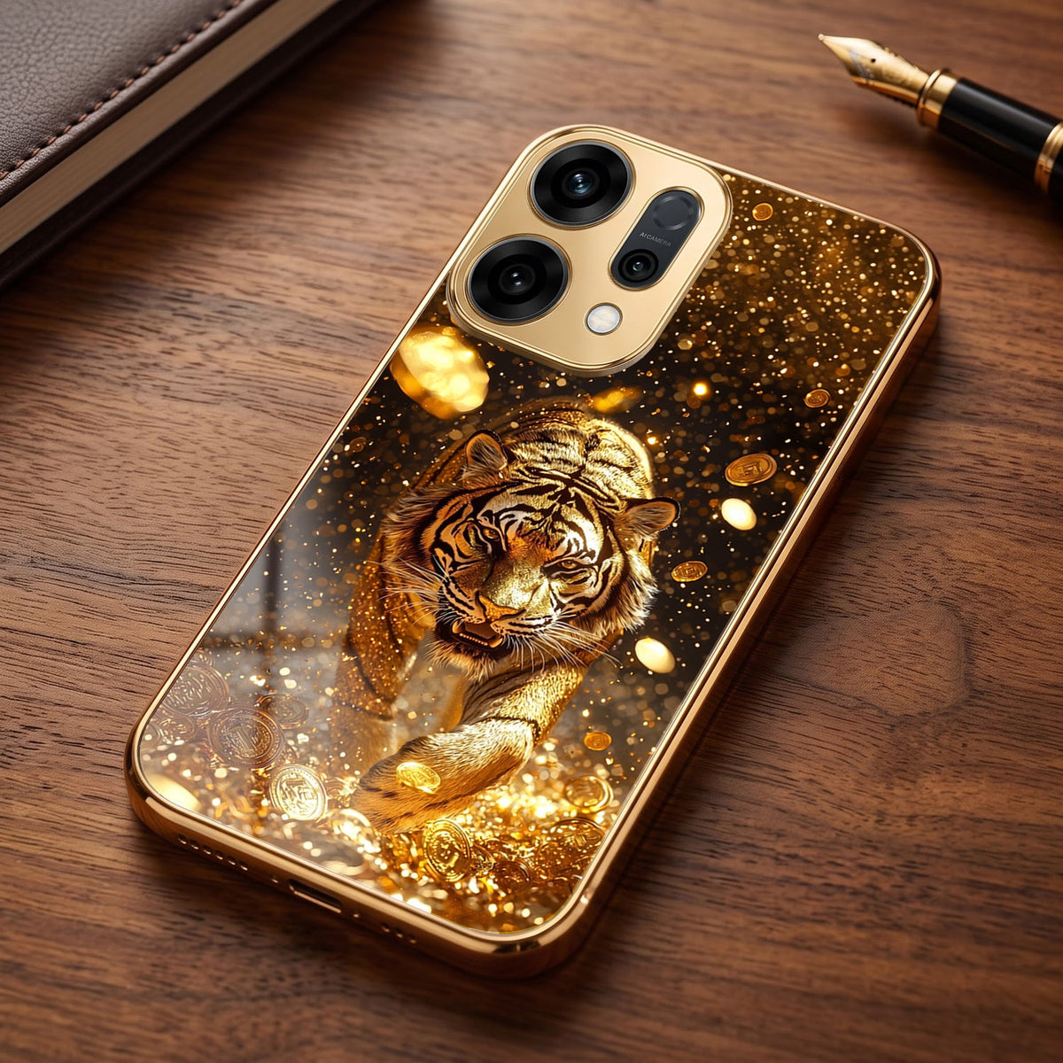Oppo Reno 14 5G Luxury Tiger Gold Electroplated Glass Phone Back Case