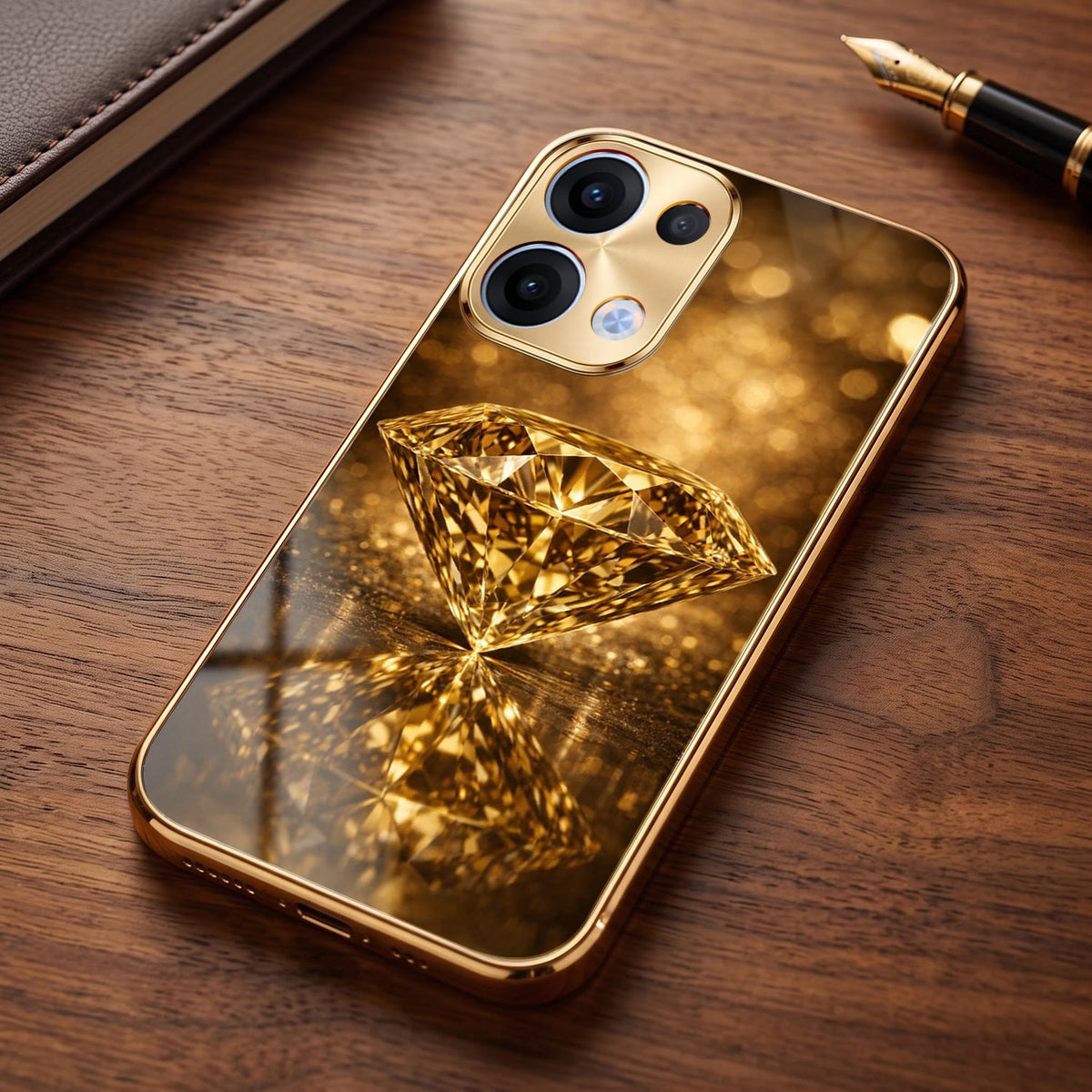 Oppo Reno 13 5G Golden Diamond Gold Electroplated Glass Phone Back Case