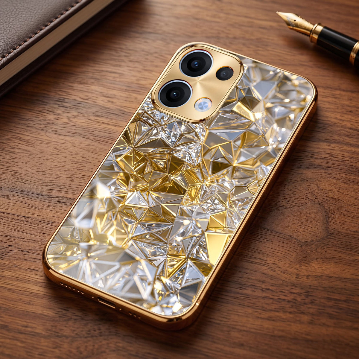 Oppo Reno 13 5G White Diamond Shatter Gold Electroplated Glass Phone Back Case