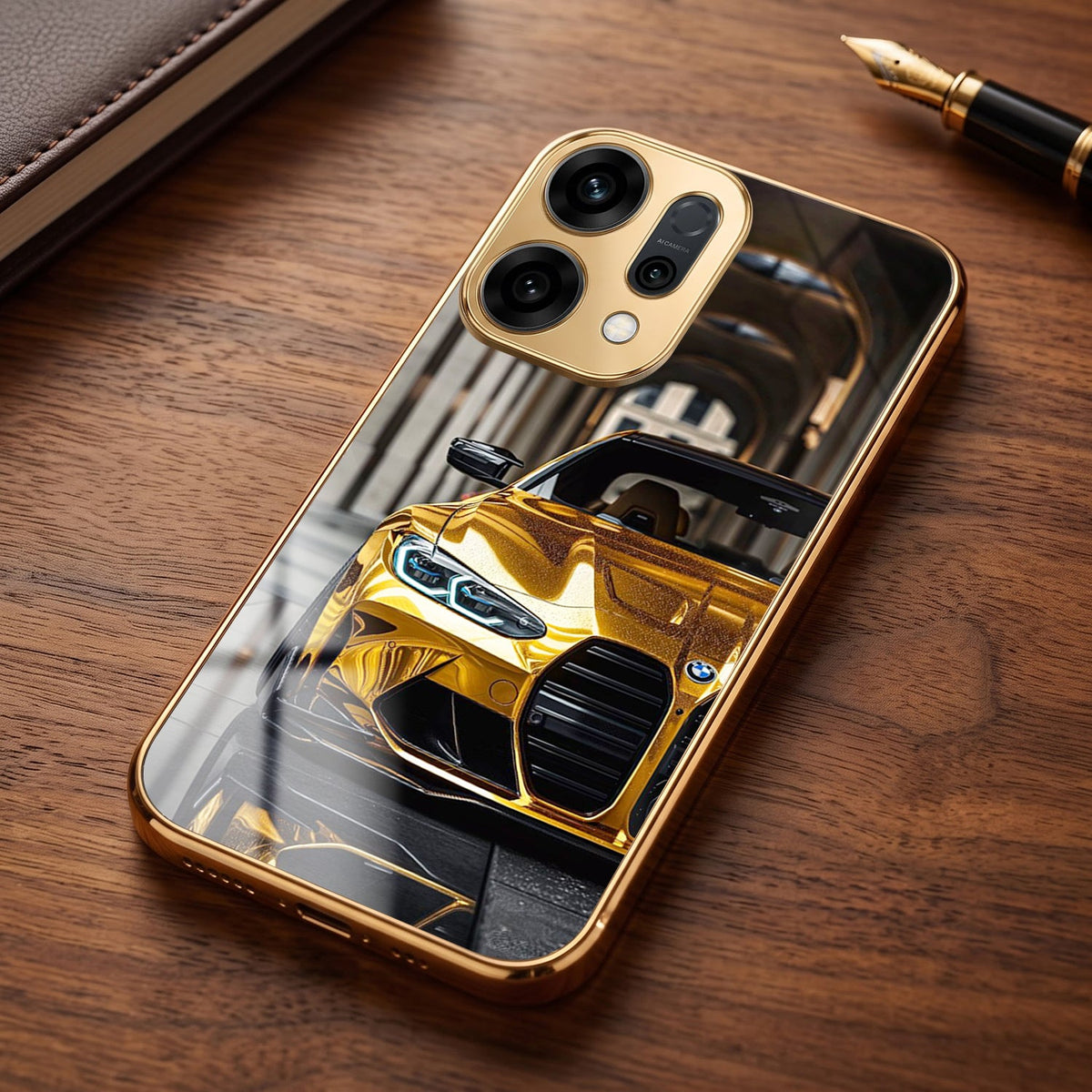 Oppo Reno 14 5G Golden BMW Gold Electroplated Glass Phone Back Case