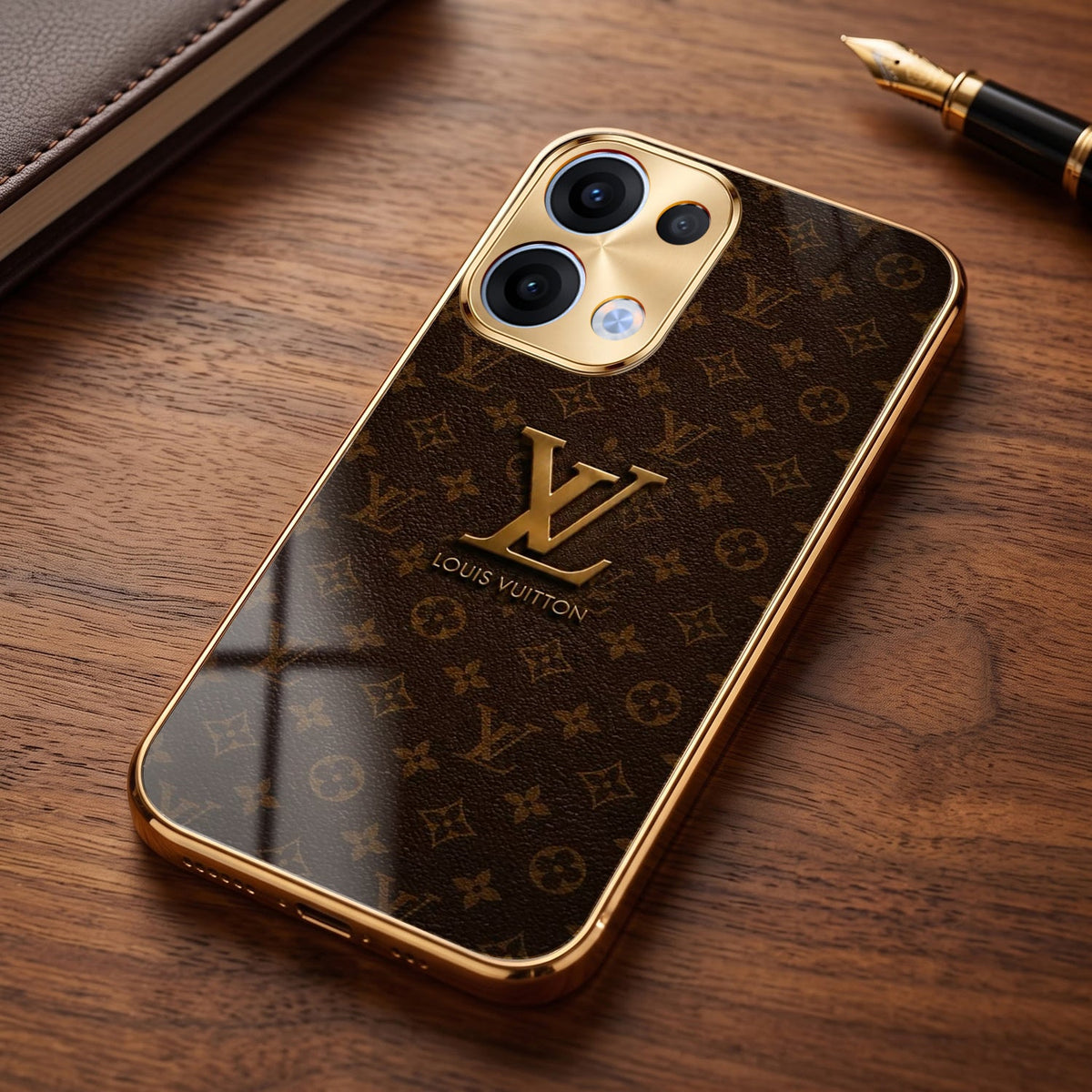 Oppo Reno 13 5G LV Brown Monogram Gold Electroplated Glass Phone Back Case