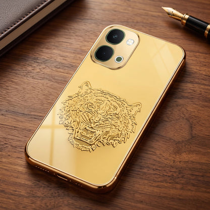 Vivo T5x 5G Golden Tiger Face Gold Electroplated Glass Phone Back Case