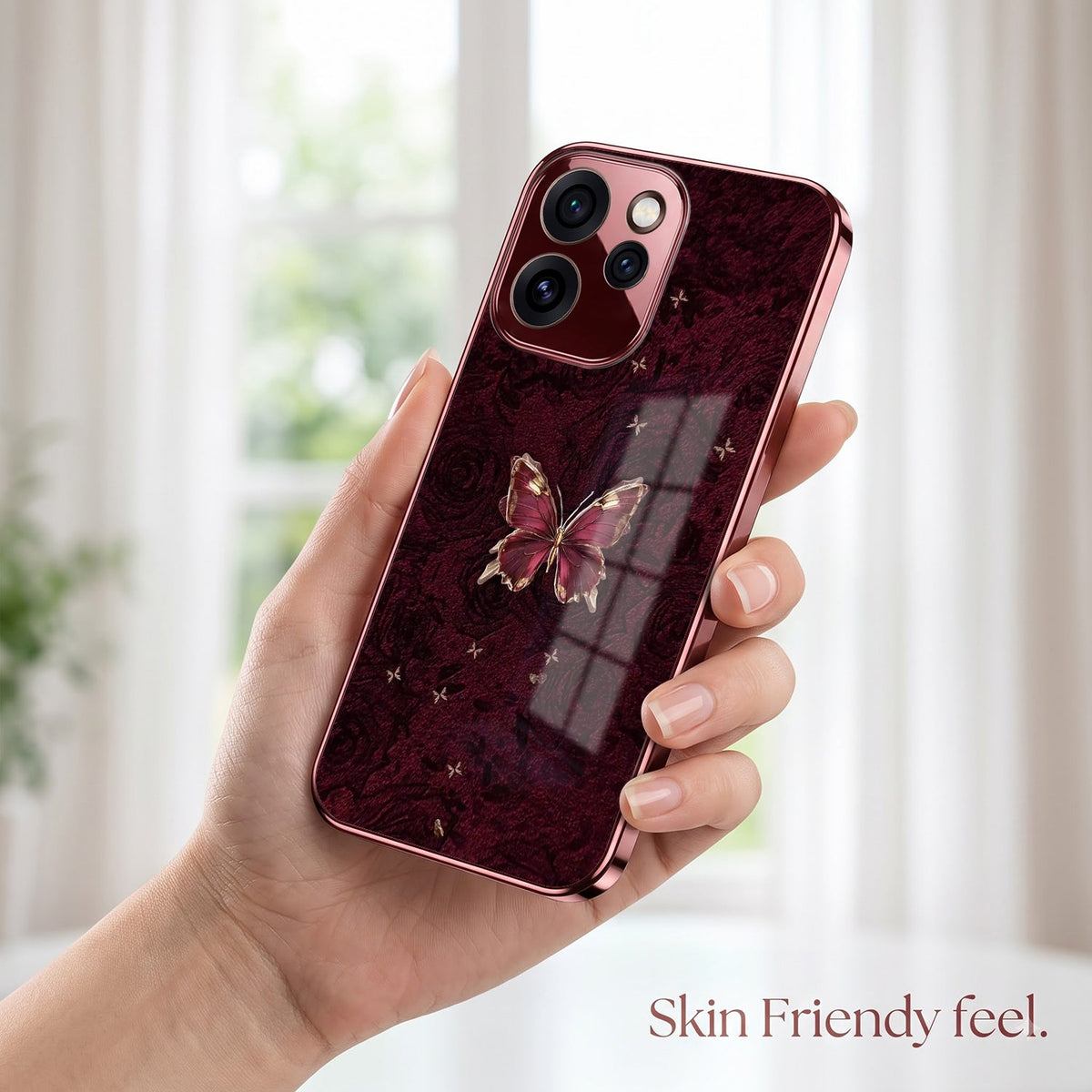 Oppo Reno 15 Pro Mini 5G Butterfly Burgundy Electroplated Glass Back Case