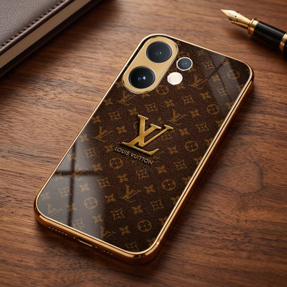 Vivo V60 5G LV Brown Monogram Gold Electroplated Glass Phone Back Case