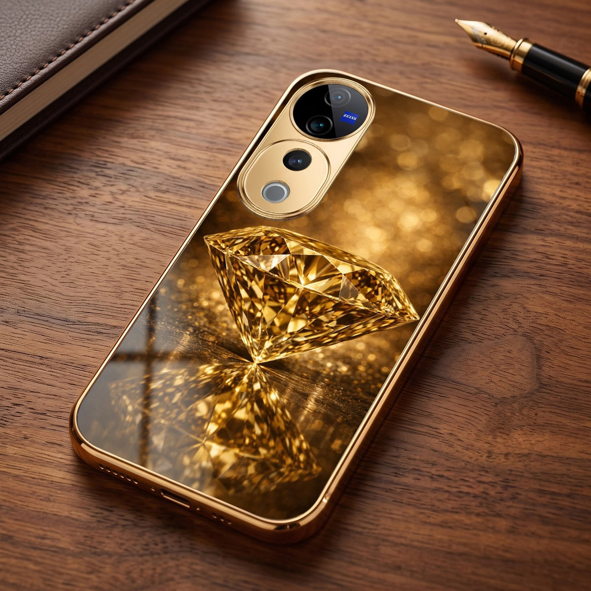 Vivo V40 Pro 5G Golden Diamond Gold Electroplated Glass Phone Back Case
