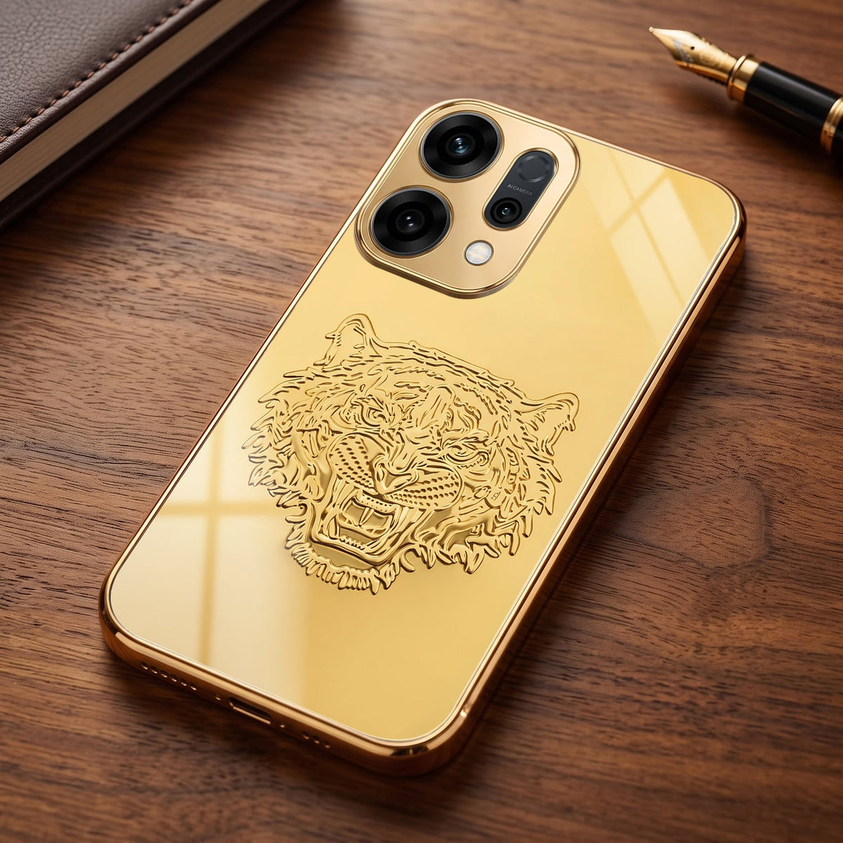 Oppo Reno 14 5G Golden Tiger Face Gold Electroplated Glass Phone Back Case