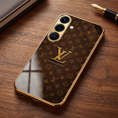 Samsung Galaxy A56 5G LV Brown Monogram Gold Electroplated Glass Phone Back Case