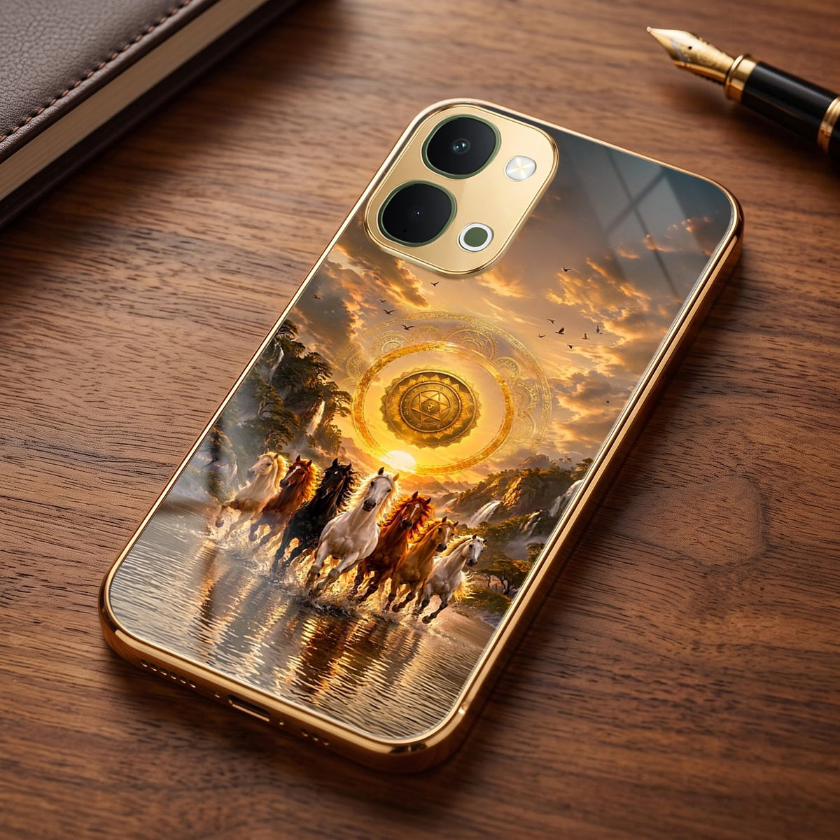 Vivo T5x 5G Celestial Seven Horses Gold Electroplated Glass Phone Back Case