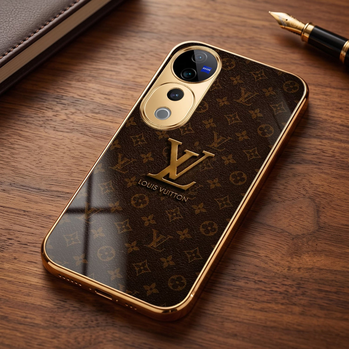 Vivo V40 Pro 5G LV Brown Monogram Gold Electroplated Glass Phone Back Case