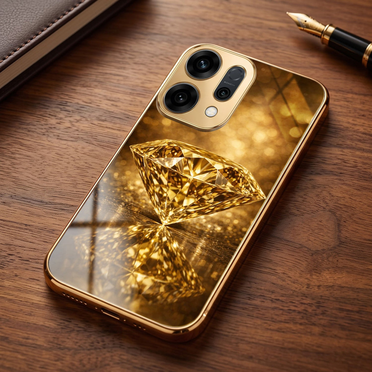 Oppo Reno 14 5G Golden Diamond Gold Electroplated Glass Phone Back Case