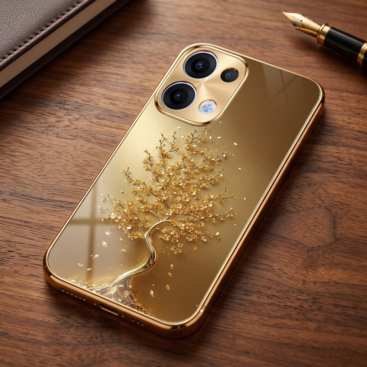 Oppo Reno 13 5G Golden Tree Gold Electroplated Glass Phone Back Case