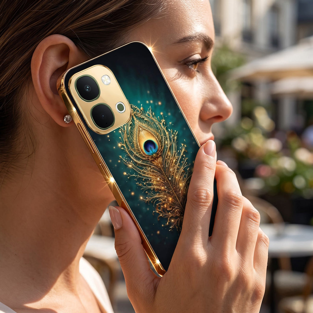 Vivo Y51 Pro 5G Golden Peacock Feather Gold Electroplated Glass Phone Back Case