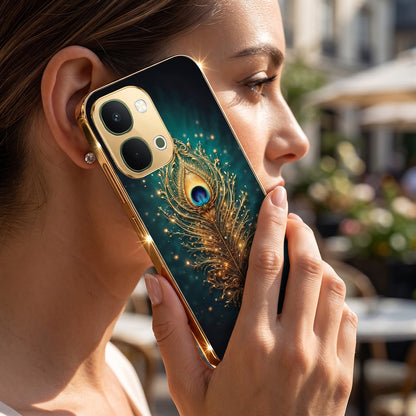 Vivo Y51 Pro 5G Golden Peacock Feather Gold Electroplated Glass Phone Back Case