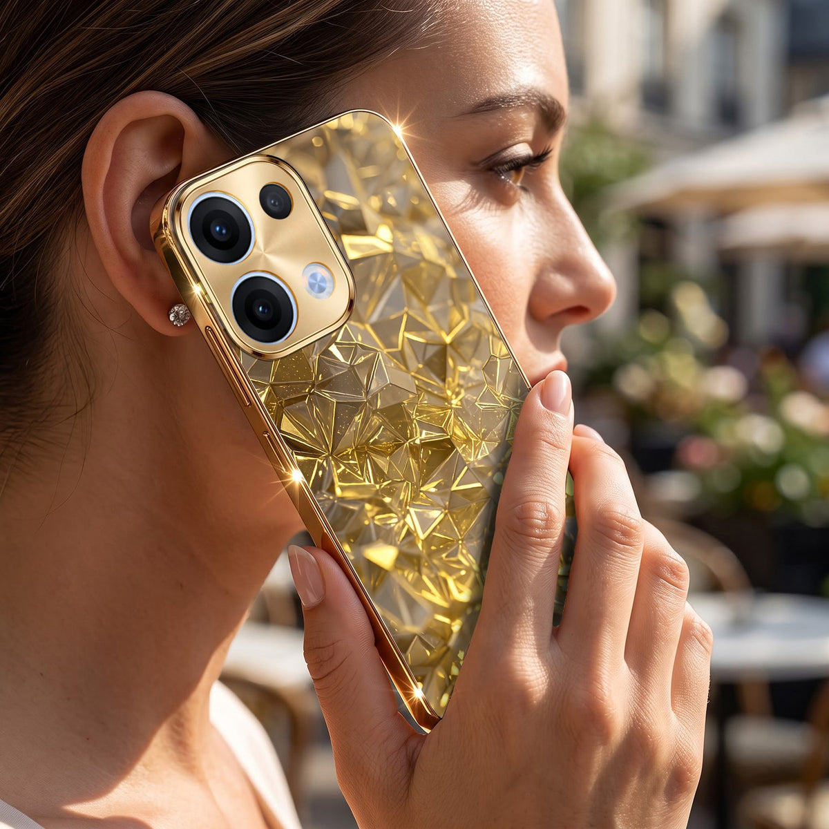 Oppo Reno 13 5G Golden Diamond Shatter Gold Electroplated Glass Phone Back Case