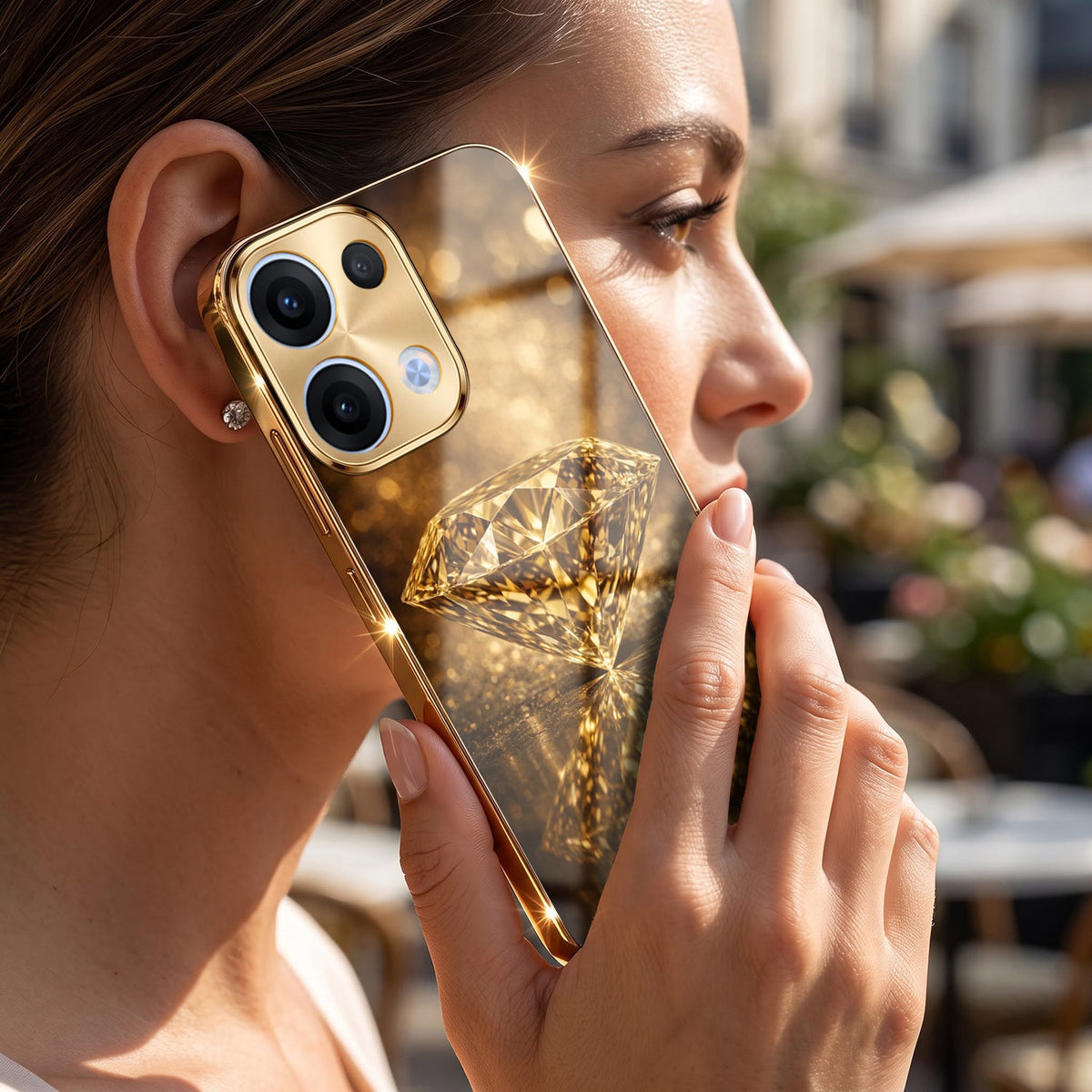 Oppo Reno 13 5G Golden Diamond Gold Electroplated Glass Phone Back Case