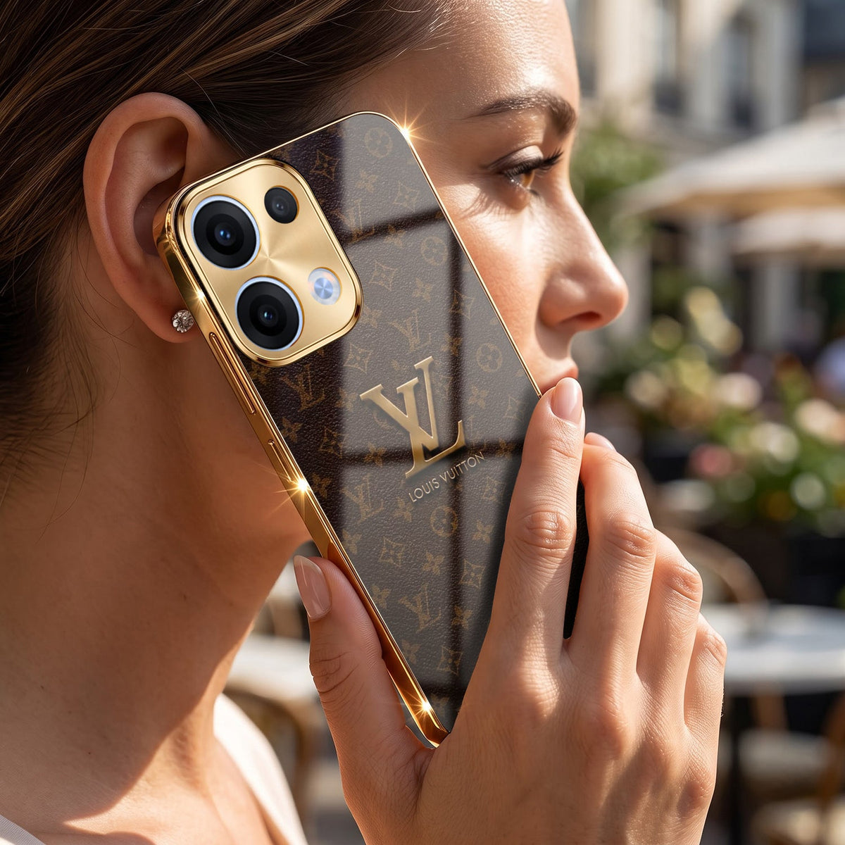 Oppo Reno 13 5G LV Brown Monogram Gold Electroplated Glass Phone Back Case