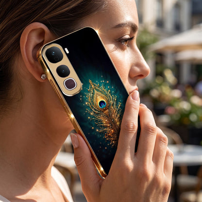Vivo Y400 Pro 5G Golden Peacock Feather Gold Electroplated Glass Phone Back Case