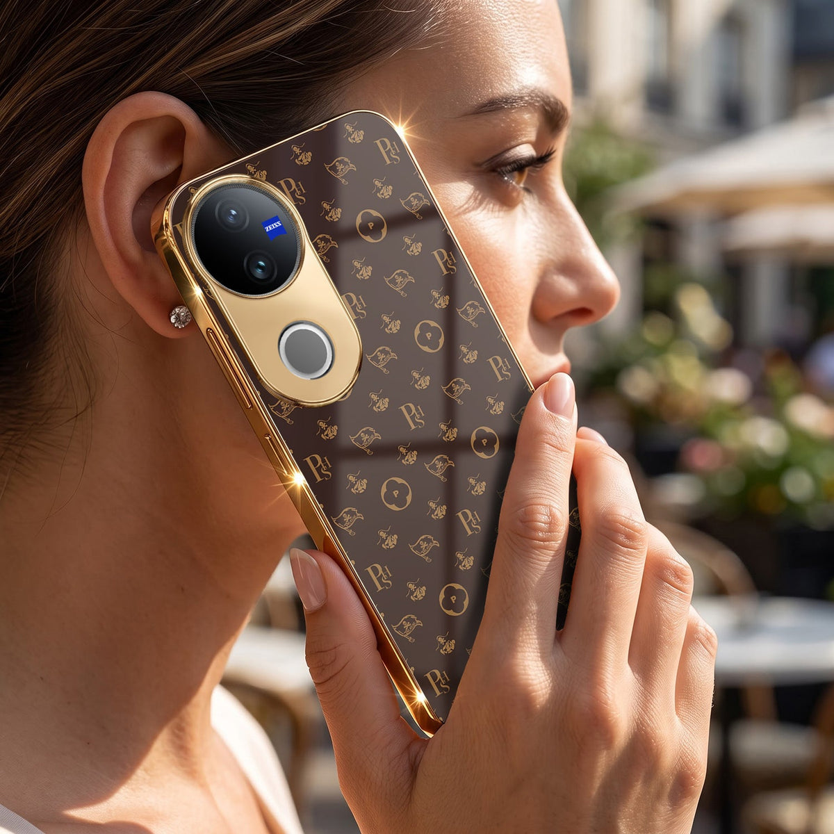 Vivo V50 5G Luxury Monogram Brown Electroplated Gold Glass Case