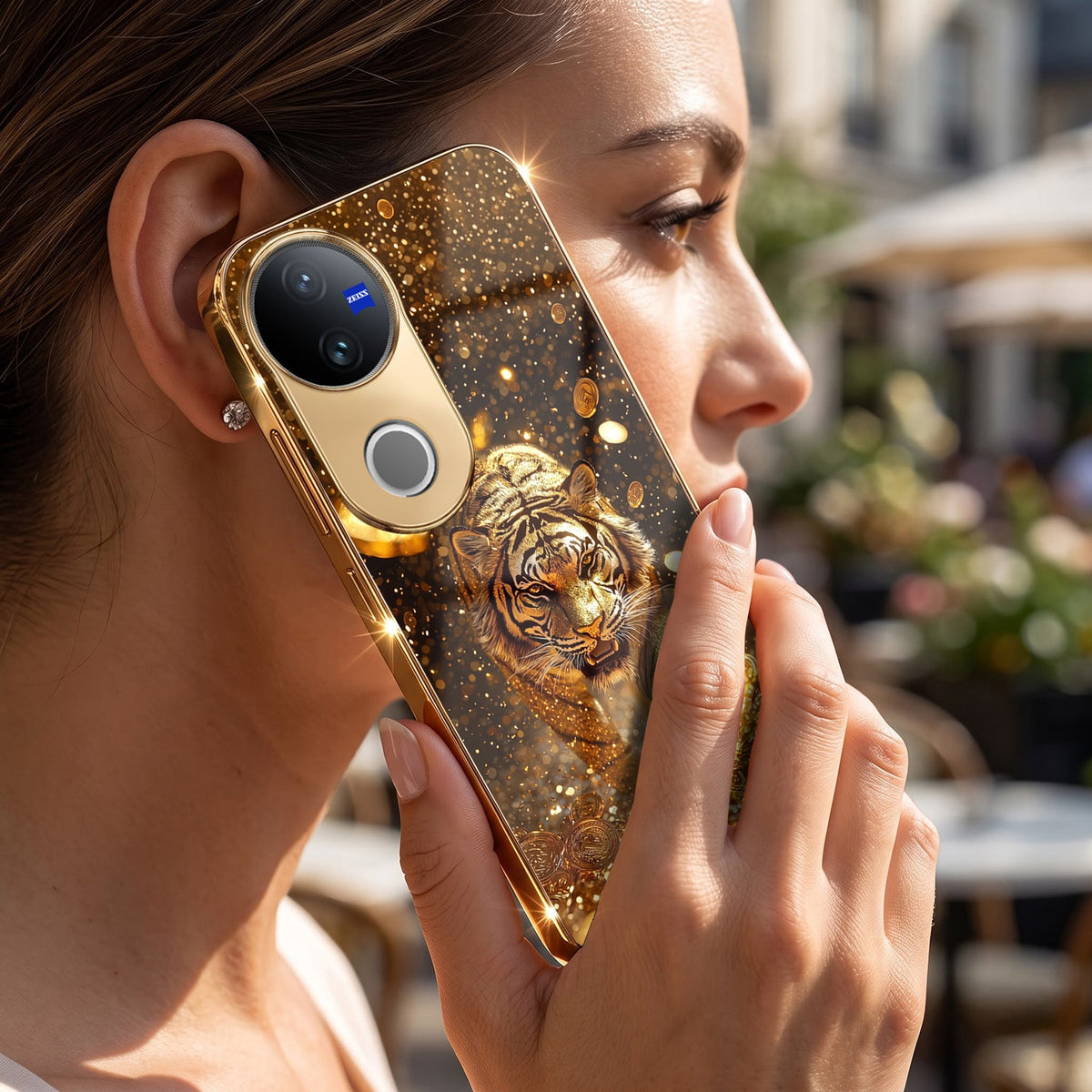 Vivo V50 5G Luxury Tiger Gold Electroplated Glass Case