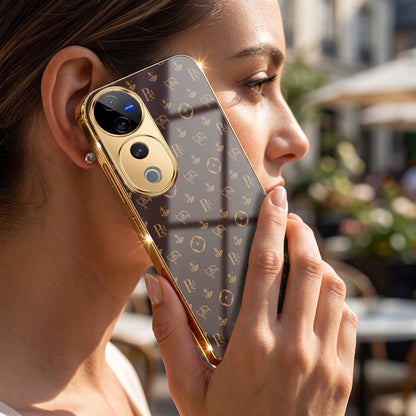 Vivo V40 Pro 5G Luxury Monogram Brown Gold Electroplated Glass Phone Back Case