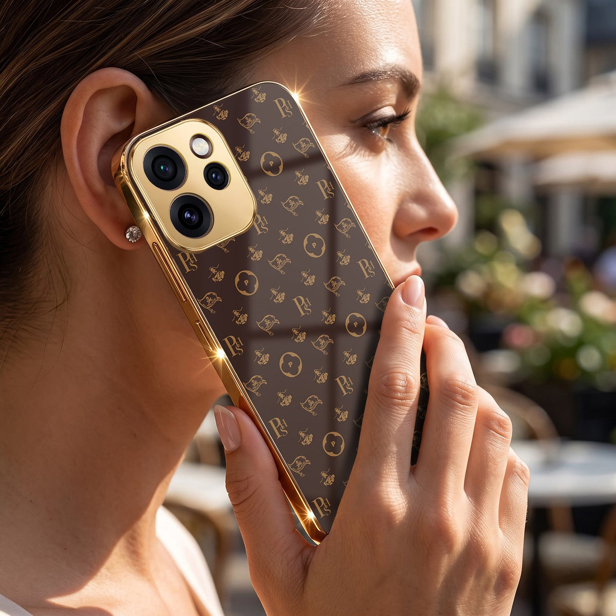 Oppo Reno 15 Pro Mini 5G Luxury Monogram Brown Gold Electroplated Glass Phone Back Case