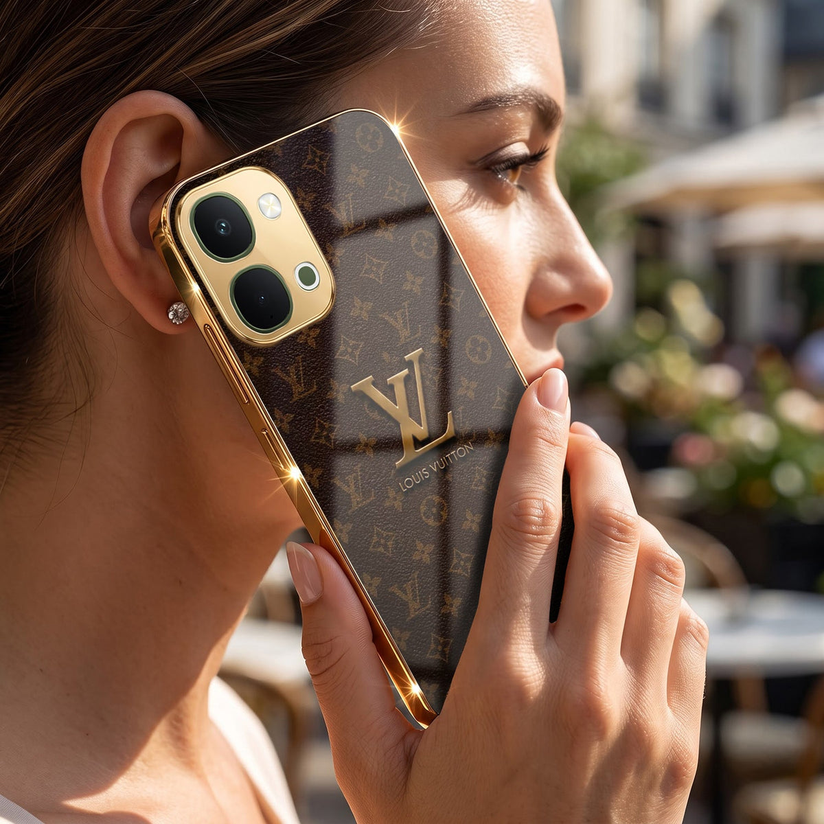 Vivo T5x 5G LV Brown Monogram Gold Electroplated Glass Phone Back Case