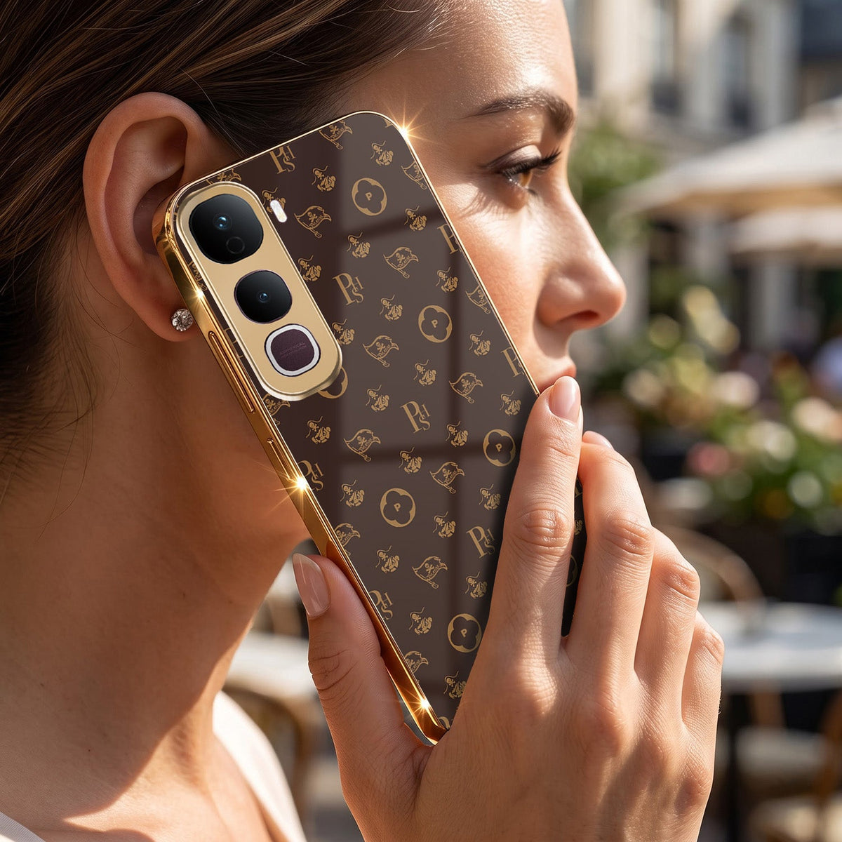 Vivo Y400 Pro 5G Luxury Monogram Brown Gold Electroplated Glass Phone Back Case