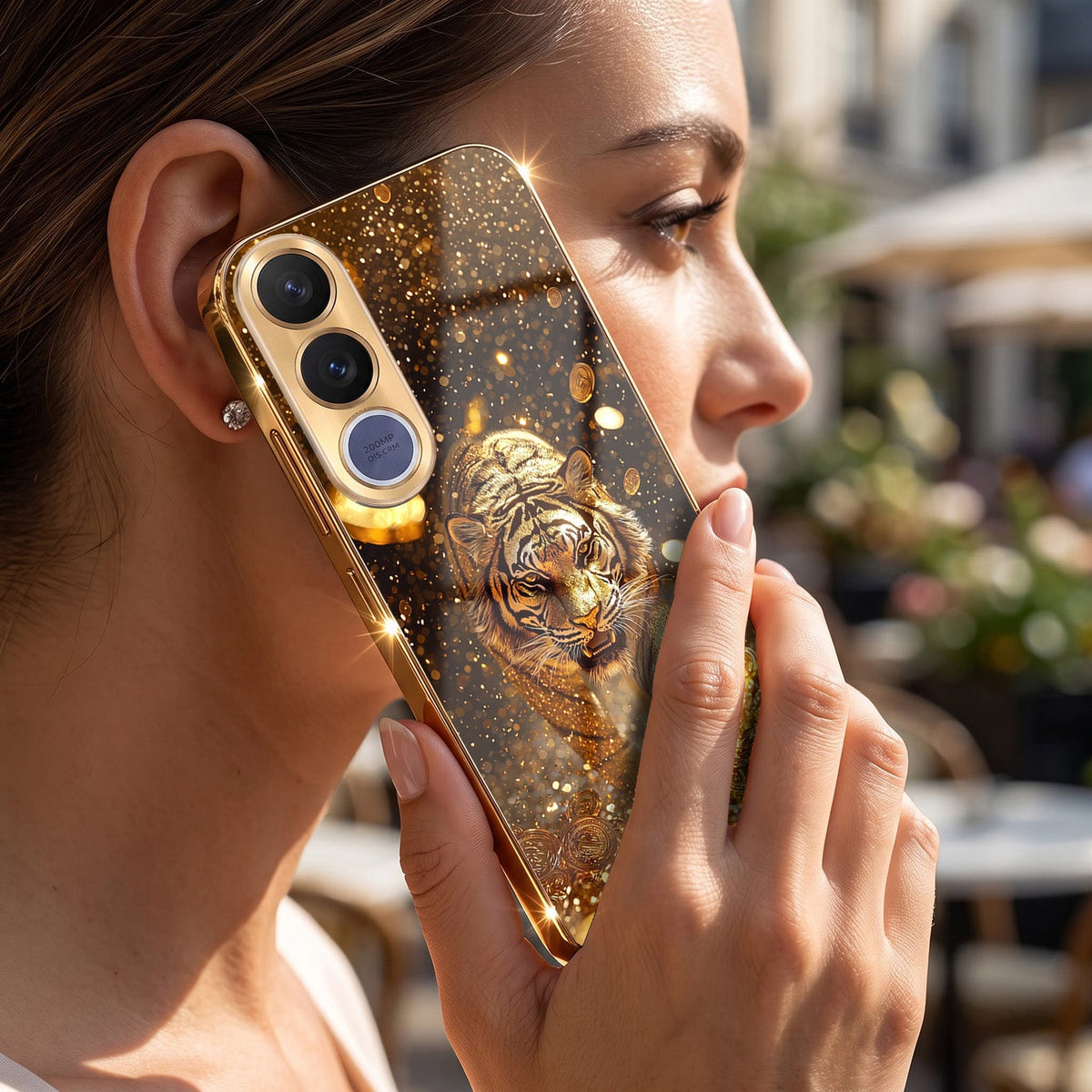 Vivo V70 FE 5G Luxury Tiger Gold Electroplated Glass Phone Back Case