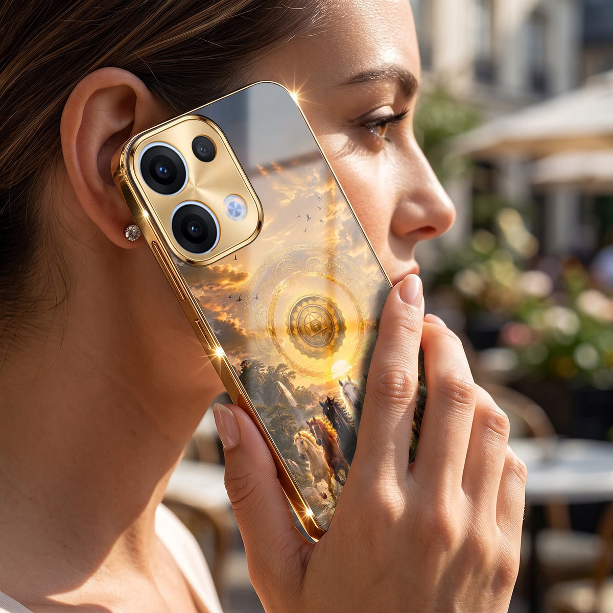 Oppo Reno 13 5G Celestial Seven Horses Gold Electroplated Glass Phone Back Case
