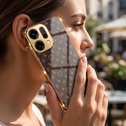 Oppo Reno 13 5G Luxury Monogram Brown Gold Electroplated Glass Phone Back Case