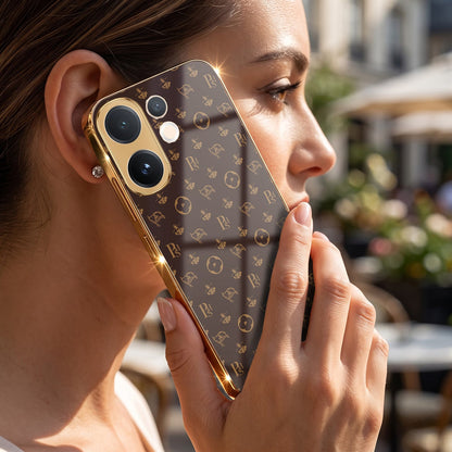 Vivo V60 5G Luxury Monogram Brown Gold Electroplated Glass Phone Back Case