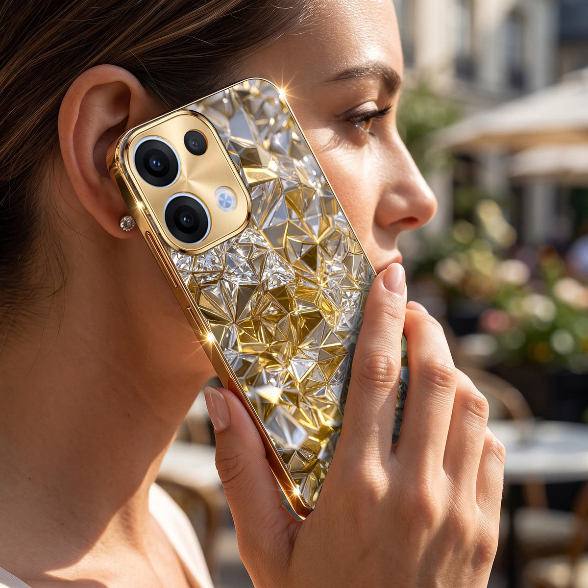 Oppo Reno 13 5G White Diamond Shatter Gold Electroplated Glass Phone Back Case