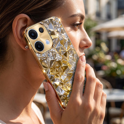 Oppo Reno 13 5G White Diamond Shatter Gold Electroplated Glass Phone Back Case