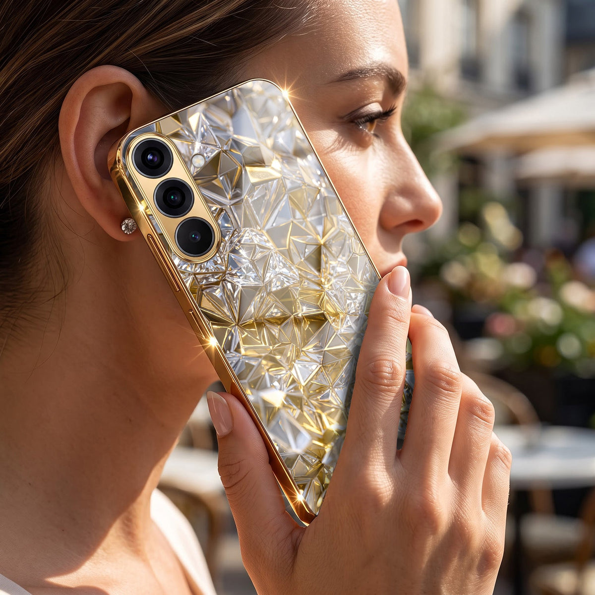 Samsung Galaxy A56 5G White Diamond Shatter Gold Electroplated Glass Phone Back Case