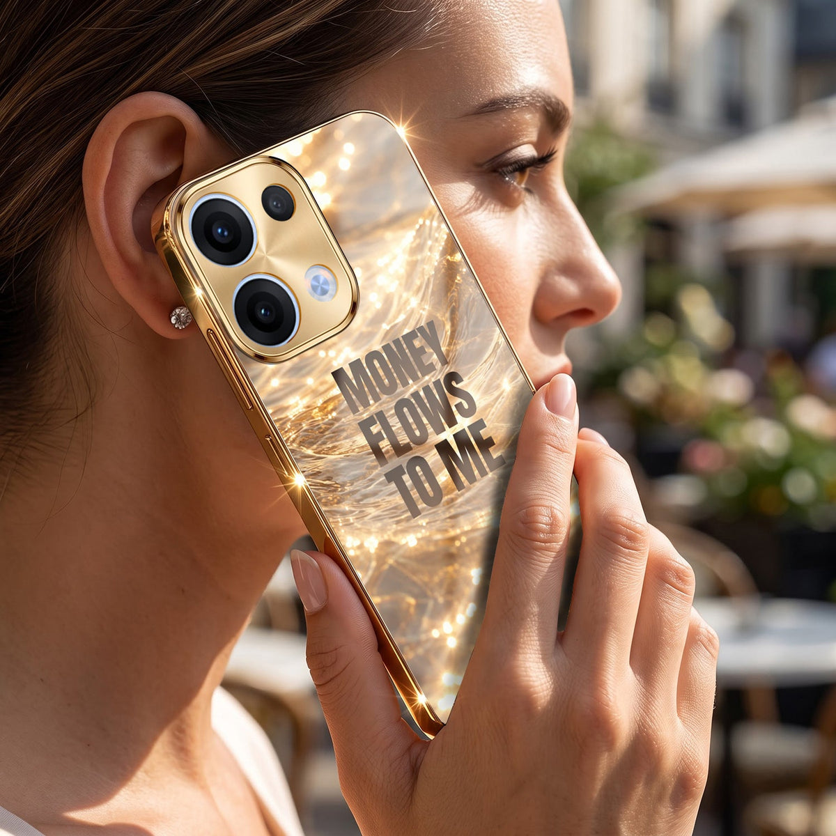Oppo Reno 13 5G Money Flows To Me Gold Electroplated Glass Phone Back Case