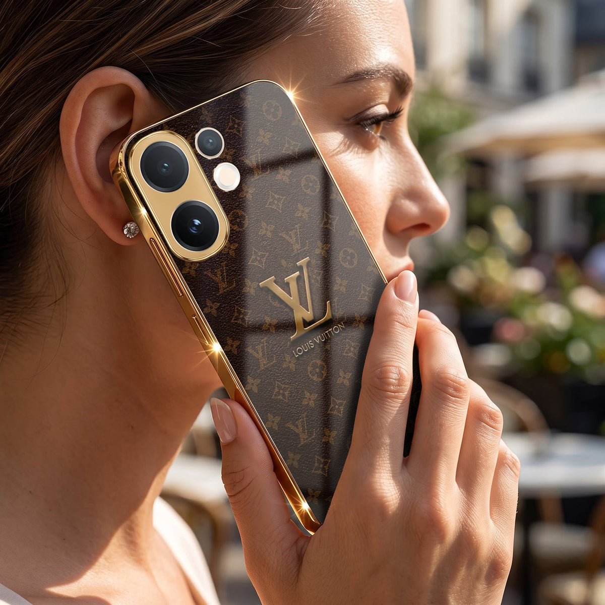 Vivo V60 5G LV Brown Monogram Gold Electroplated Glass Phone Back Case