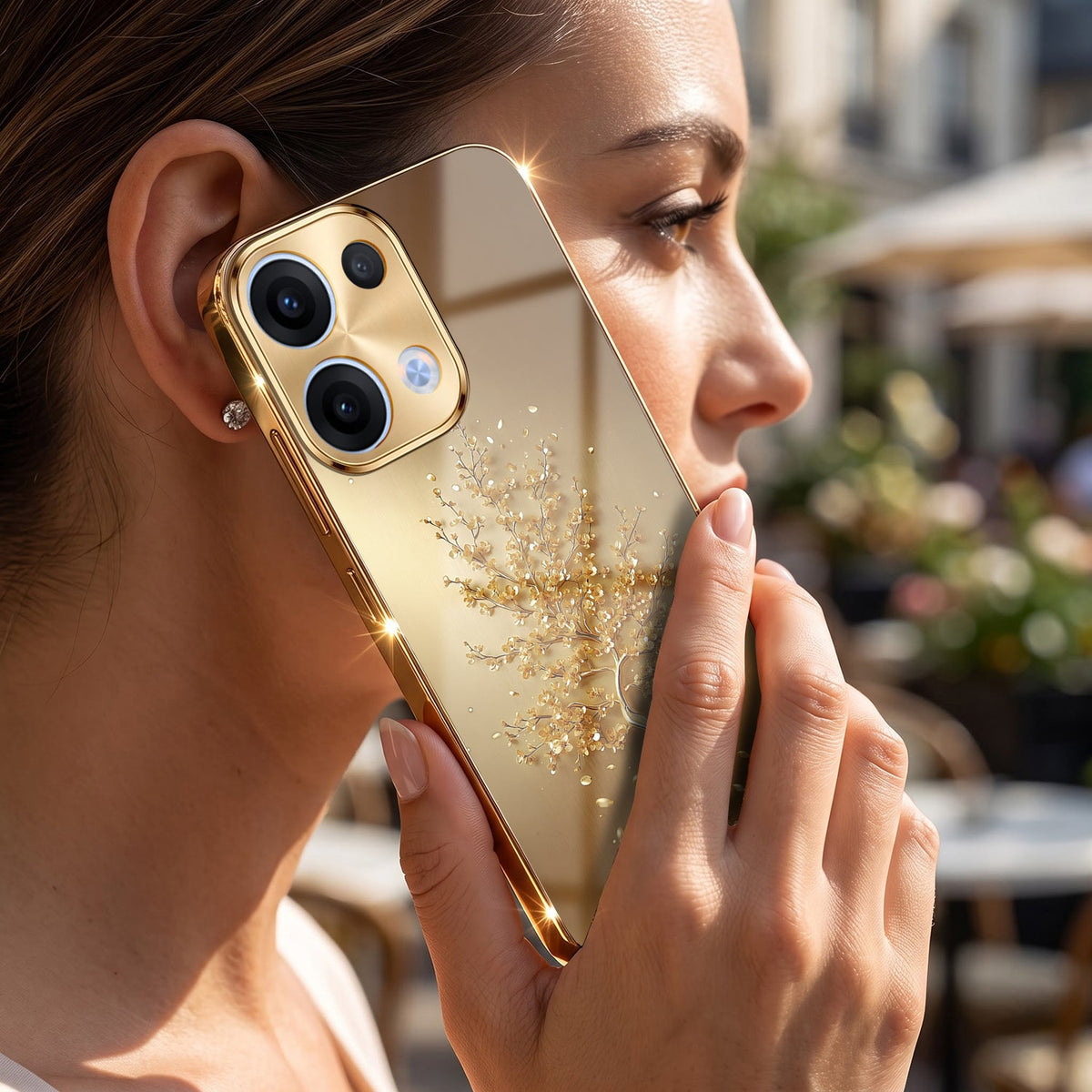 Oppo Reno 13 5G Golden Tree Gold Electroplated Glass Phone Back Case