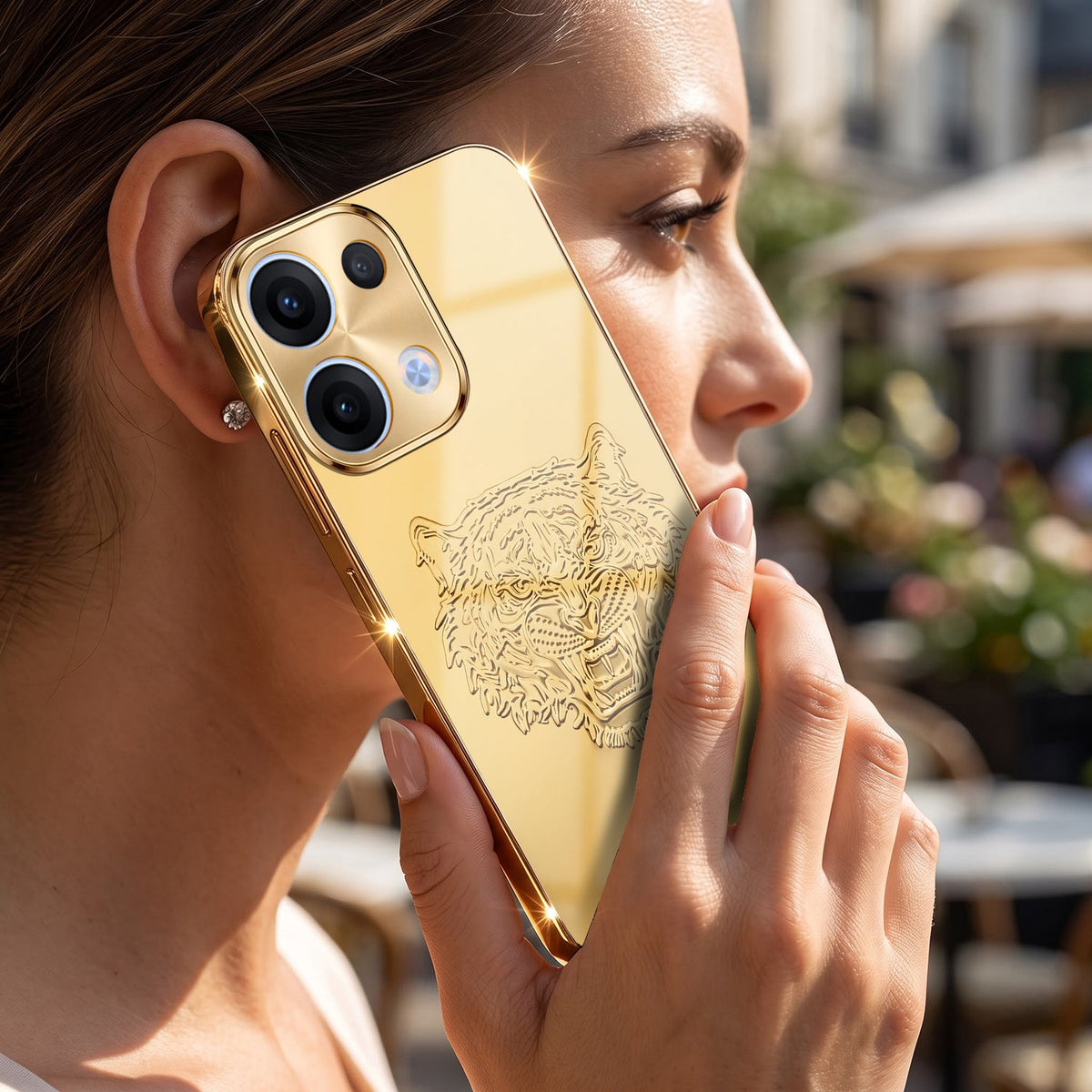 Oppo Reno 13 5G Golden Tiger Face Gold Electroplated Glass Phone Back Case
