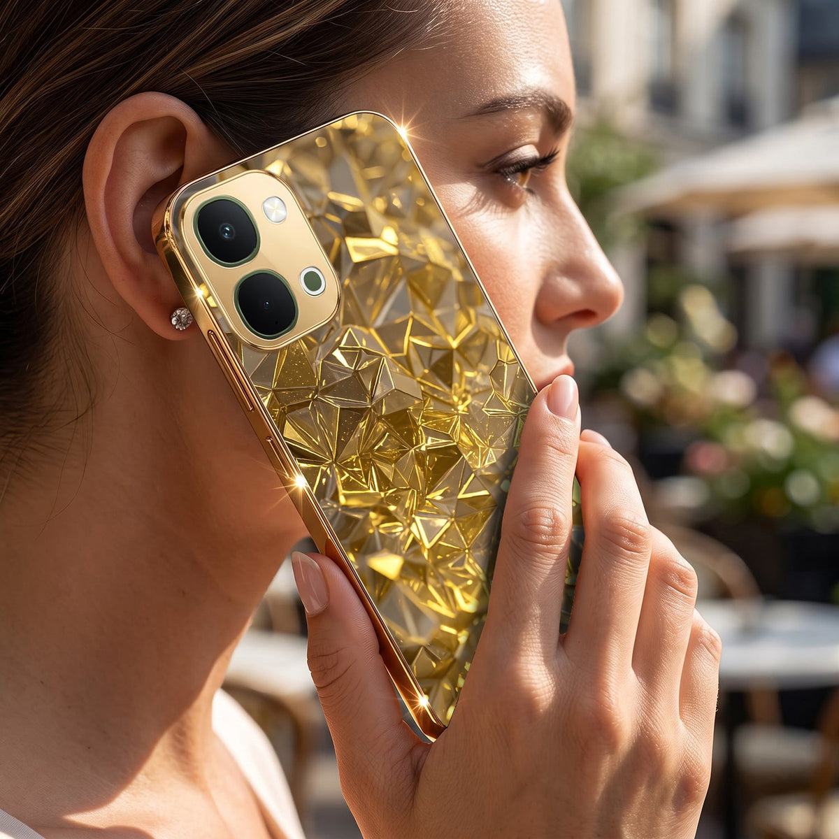 Vivo T5x 5G Golden Diamond Shatter Gold Electroplated Glass Phone Back Case