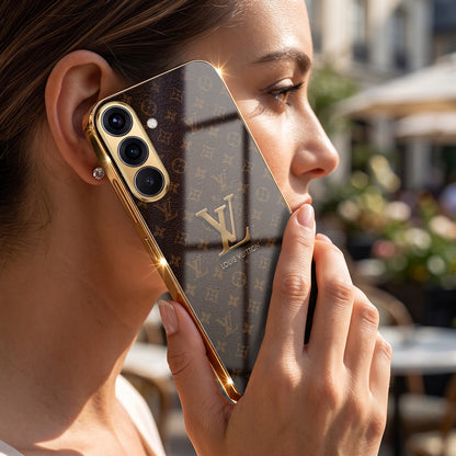 Samsung Galaxy A56 5G LV Brown Monogram Gold Electroplated Glass Phone Back Case