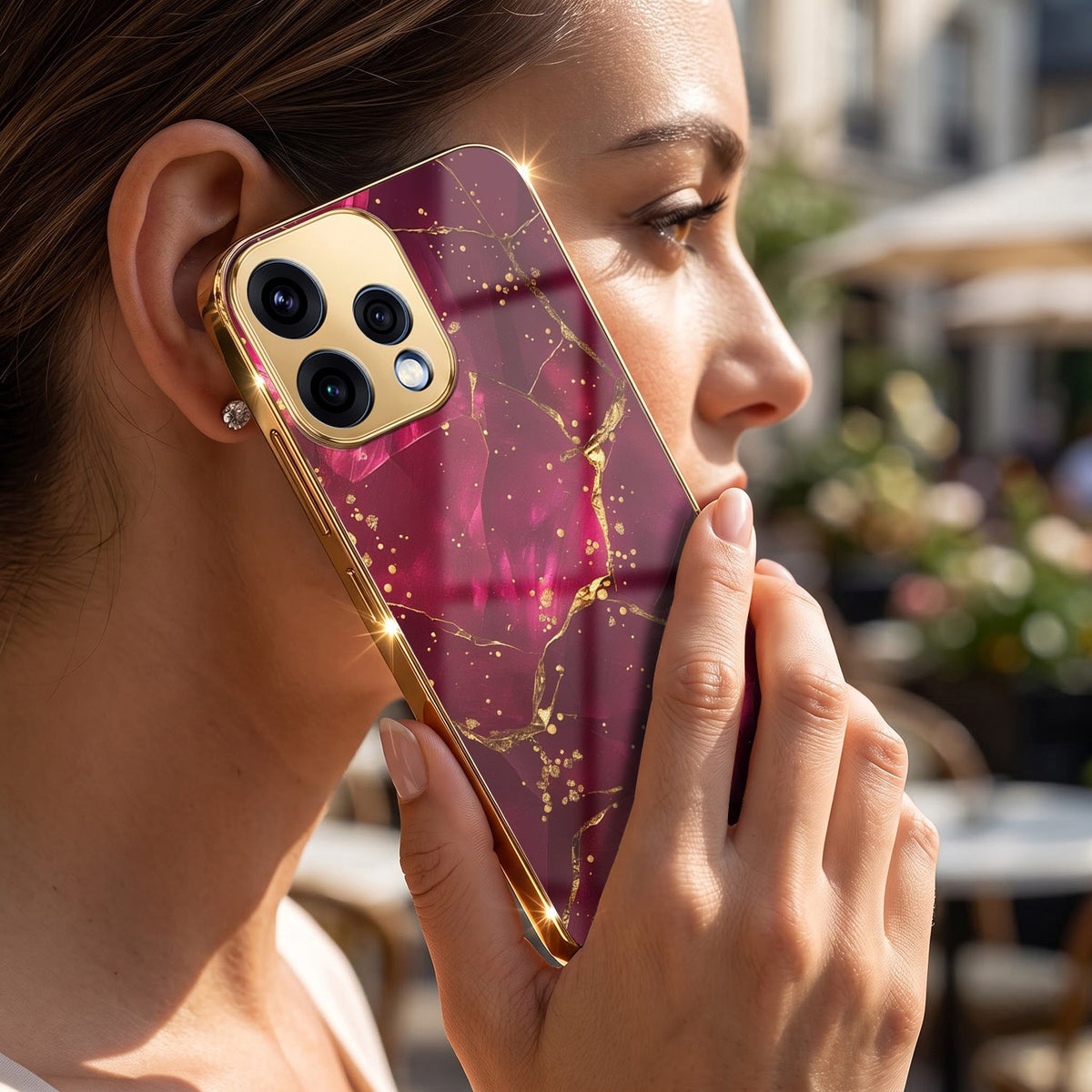 Oppo Reno 15 5G Luxury Crimson Marble Gold Electroplated Glass Phone Back Case