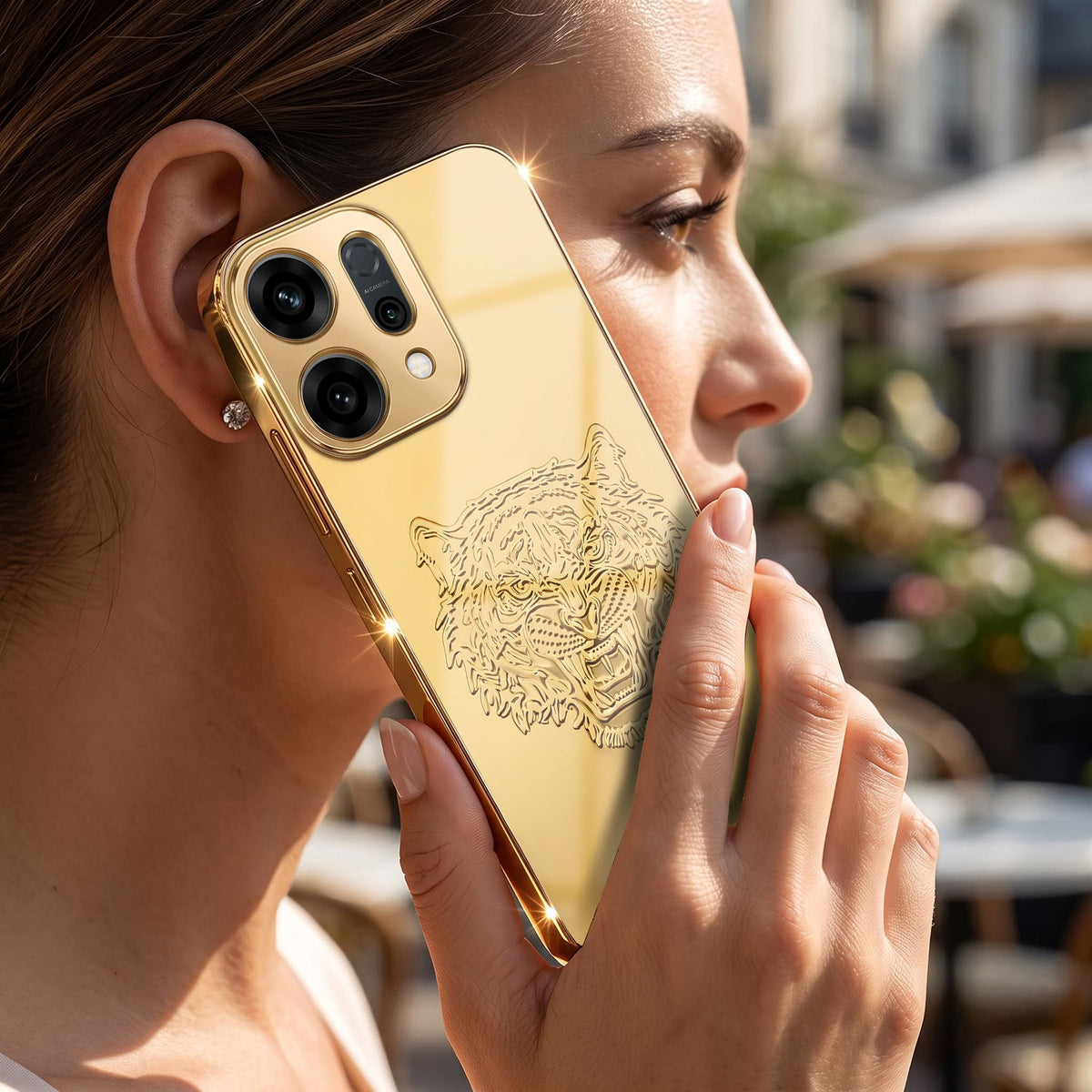 Oppo Reno 14 5G Golden Tiger Face Gold Electroplated Glass Phone Back Case