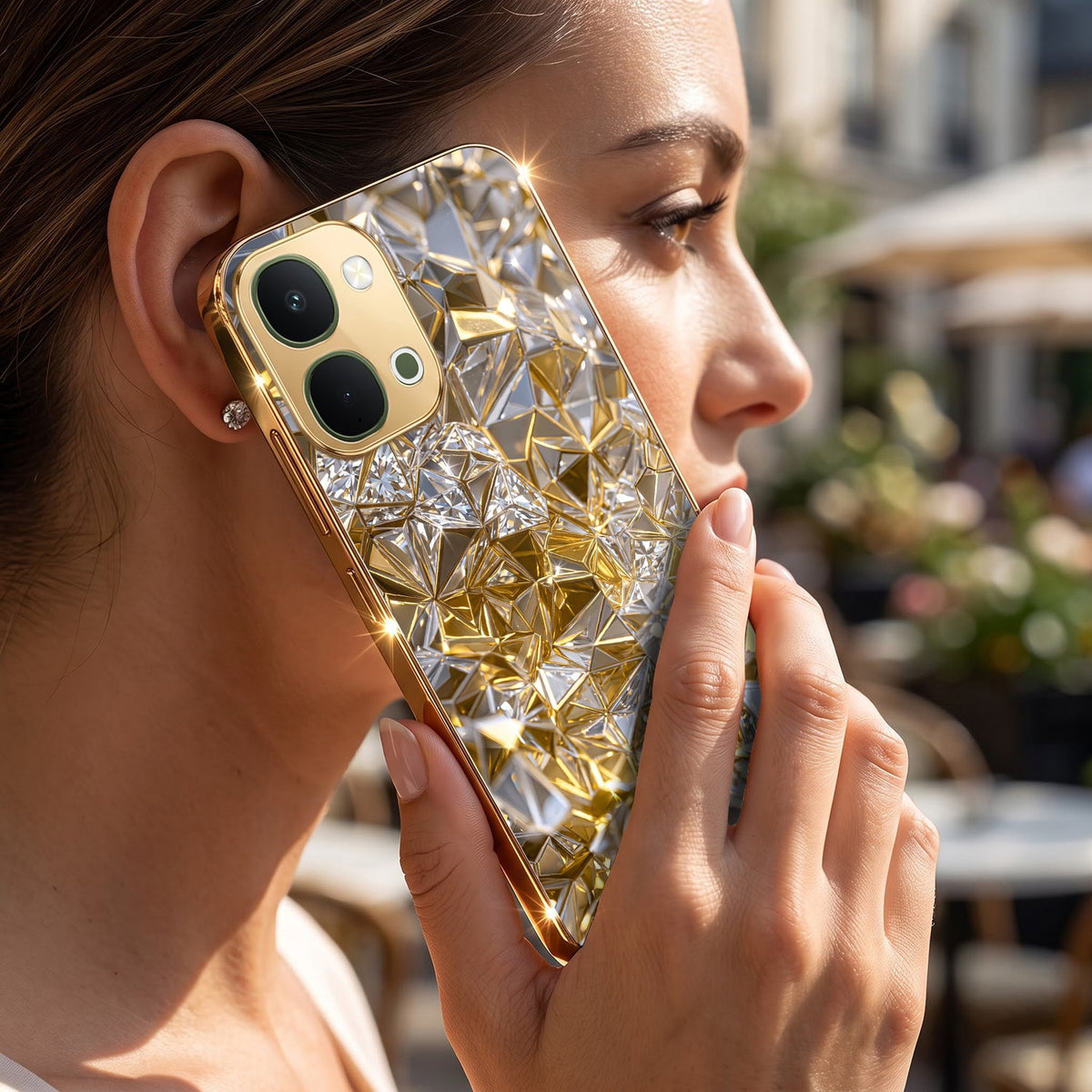 Vivo T5x 5G White Diamond Shatter Gold Electroplated Glass Phone Back Case