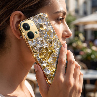 Vivo T5x 5G White Diamond Shatter Gold Electroplated Glass Phone Back Case