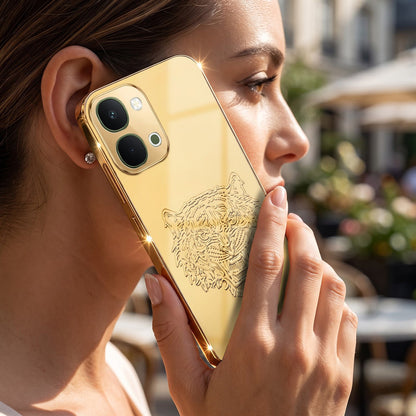 Vivo T5x 5G Golden Tiger Face Gold Electroplated Glass Phone Back Case